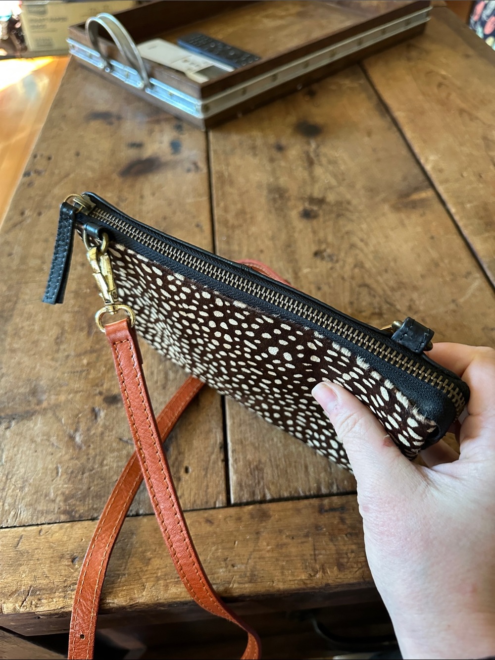 BEAR Design, White Polka Dot Fur & Black Leather Crossbody & Rust Strap - Picture 11 of 13